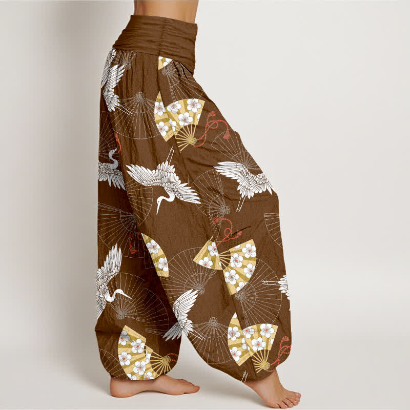 Buddha Stones Pantalon harem pour femme en coton à motif d'éventail de grues orientales et taille élastique - image 9