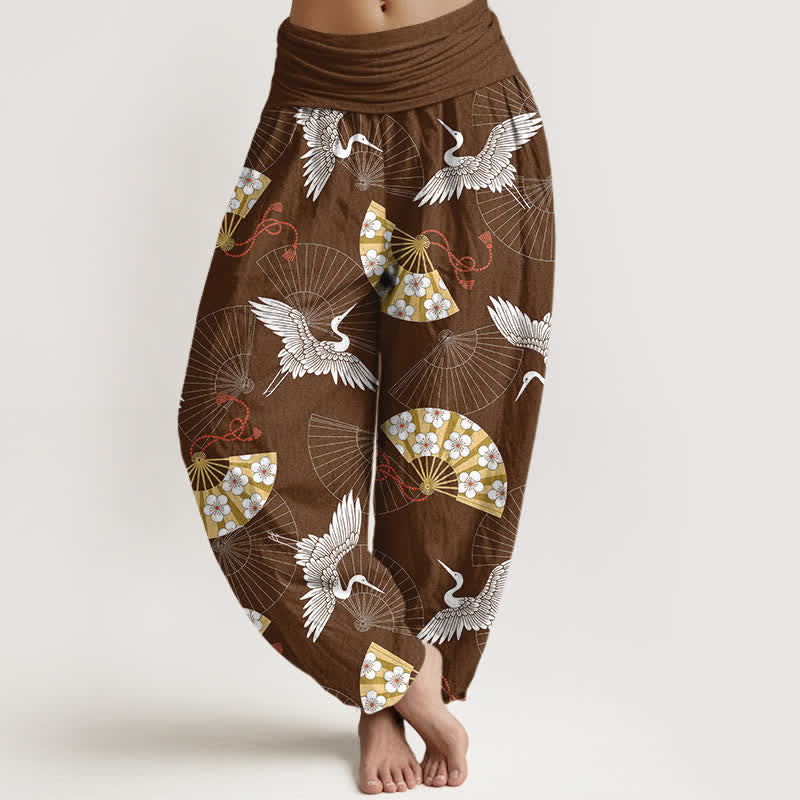 Buddha Stones Pantalon harem pour femme en coton à motif d'éventail de grues orientales et taille élastique - SaddleBrown - US16，UK/AU20，EU48 (3XL) - image 8