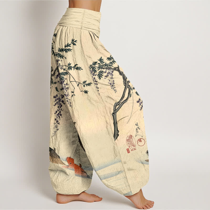Buddha Stones Pantalon harem à taille élastique pour femme, motif carpes koï et glycine, en coton - image 1