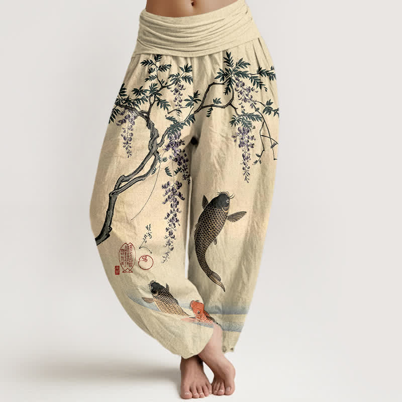 Buddha Stones Pantalon harem à taille élastique pour femme, motif carpes koï et glycine, en coton - LemonChiffon - US16，UK/AU20，EU48 (3XL) - image 0