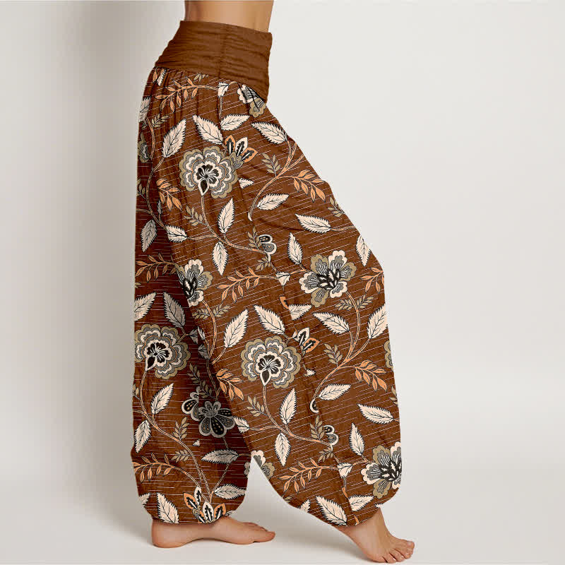 Buddha Stones Pantalon harem à taille élastique pour femme, en coton à motif floral vintage. - image 1
