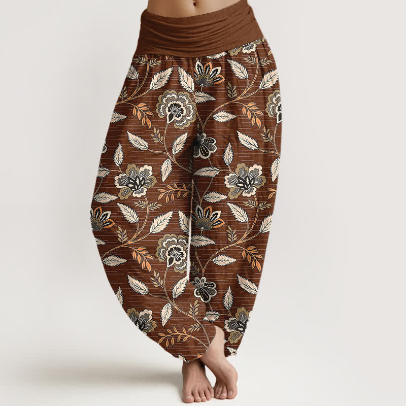 Buddha Stones Pantalon harem à taille élastique pour femme, en coton à motif floral vintage. - Terre de sienne - US16，UK/AU20，EU48 (3XL) - image 0