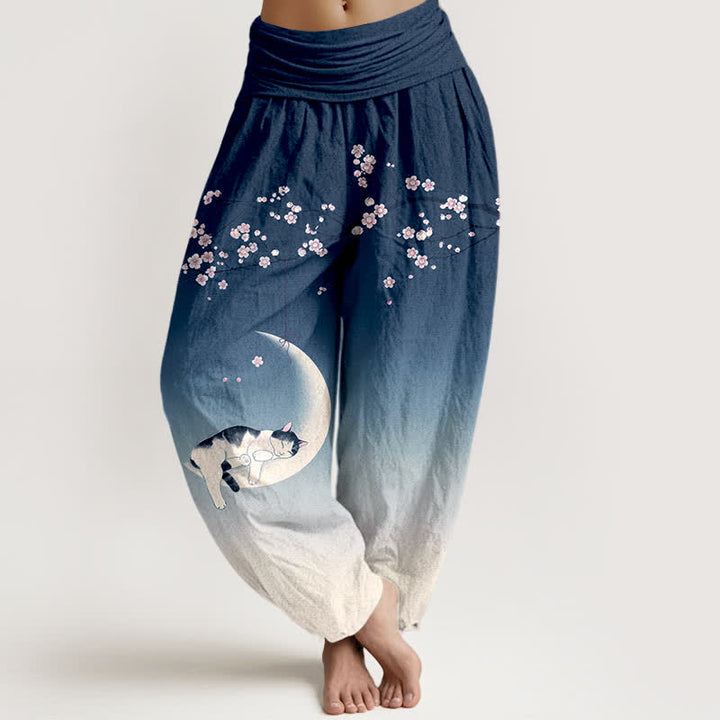 Buddha Stones Pantalon harem à taille élastique pour femme, en coton, motif chat et lune Sakura - Marine - US16，UK/AU20，EU48 (3XL) - image 0