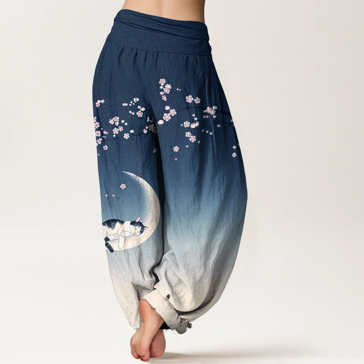 Buddha Stones Pantalon harem à taille élastique pour femme, en coton, motif chat et lune Sakura - image 2