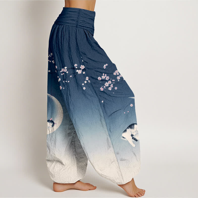 Buddha Stones Pantalon harem à taille élastique pour femme, en coton, motif chat et lune Sakura - image 1