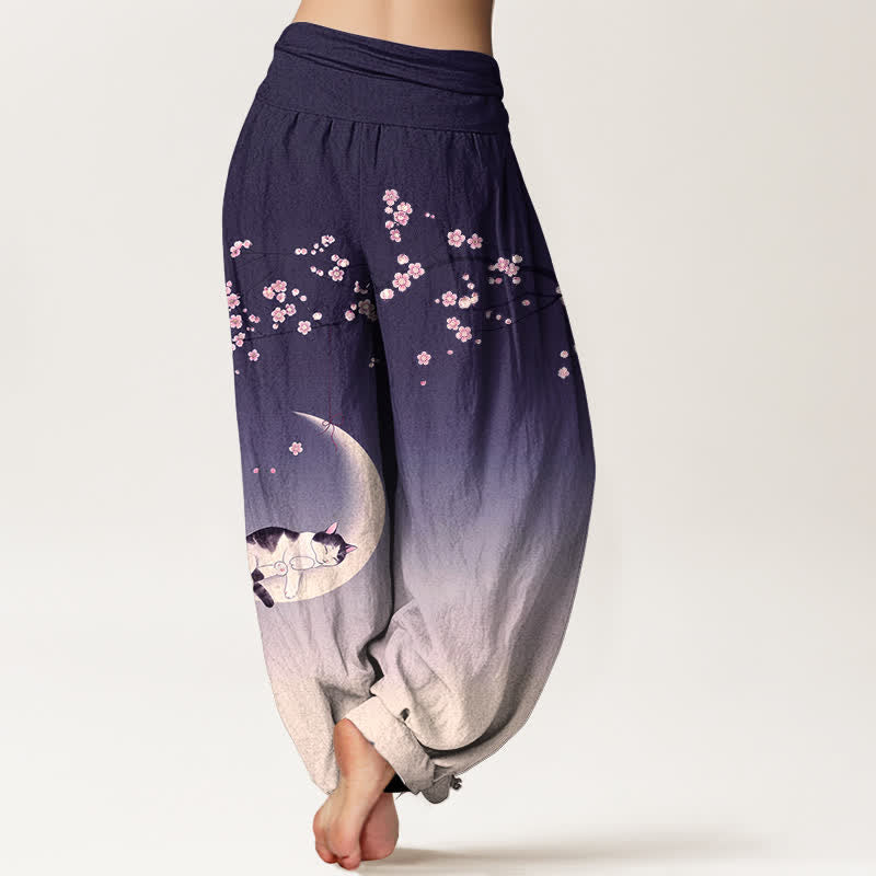 Buddha Stones Pantalon harem à taille élastique pour femme, en coton, motif chat et lune Sakura - image 7