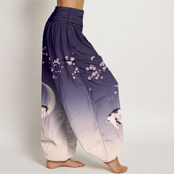 Buddha Stones Pantalon harem à taille élastique pour femme, en coton, motif chat et lune Sakura - image 6