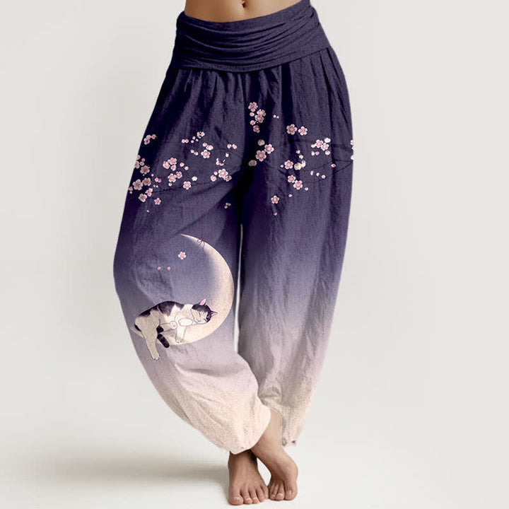 Buddha Stones Pantalon harem à taille élastique pour femme, en coton, motif chat et lune Sakura - Indigo - US16，UK/AU20，EU48 (3XL) - image 5