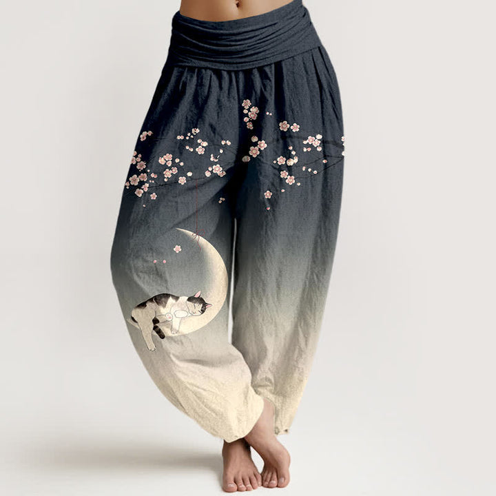 Buddha Stones Pantalon harem à taille élastique pour femme, en coton, motif chat et lune Sakura - Gris ardoise - US16，UK/AU20，EU48 (3XL) - image 8