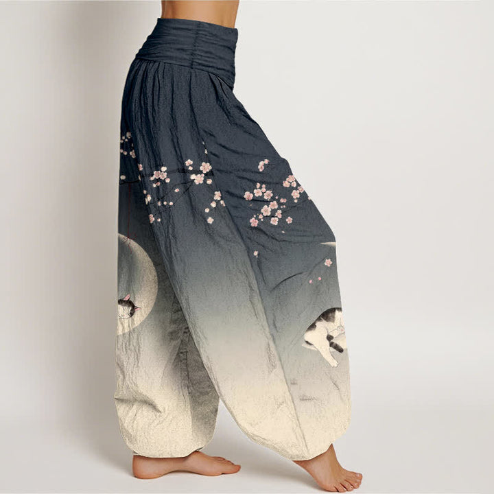 Buddha Stones Pantalon harem à taille élastique pour femme, en coton, motif chat et lune Sakura - image 9