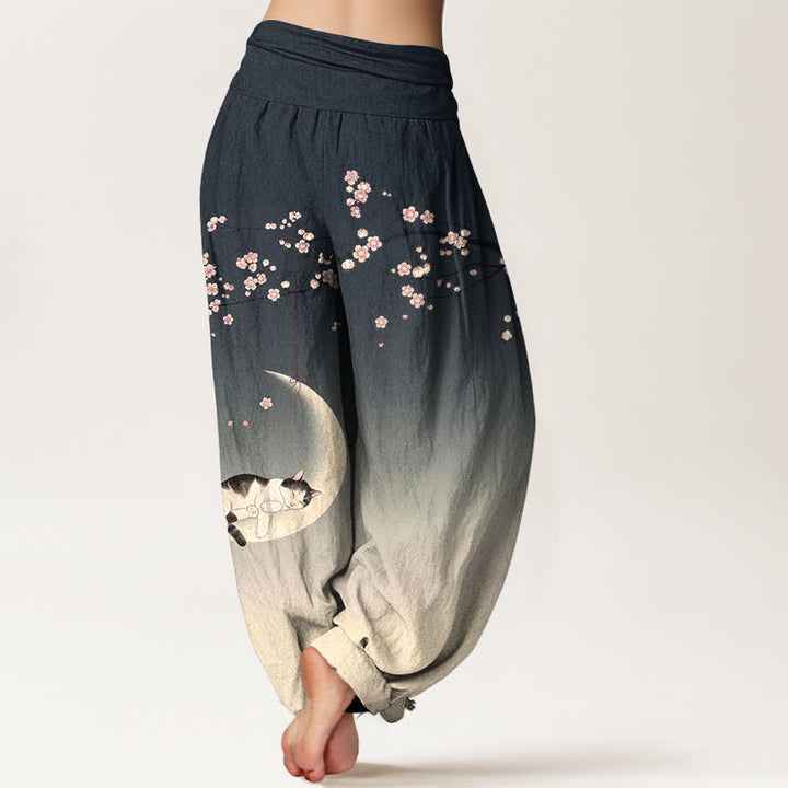 Buddha Stones Pantalon harem à taille élastique pour femme, en coton, motif chat et lune Sakura - image 10