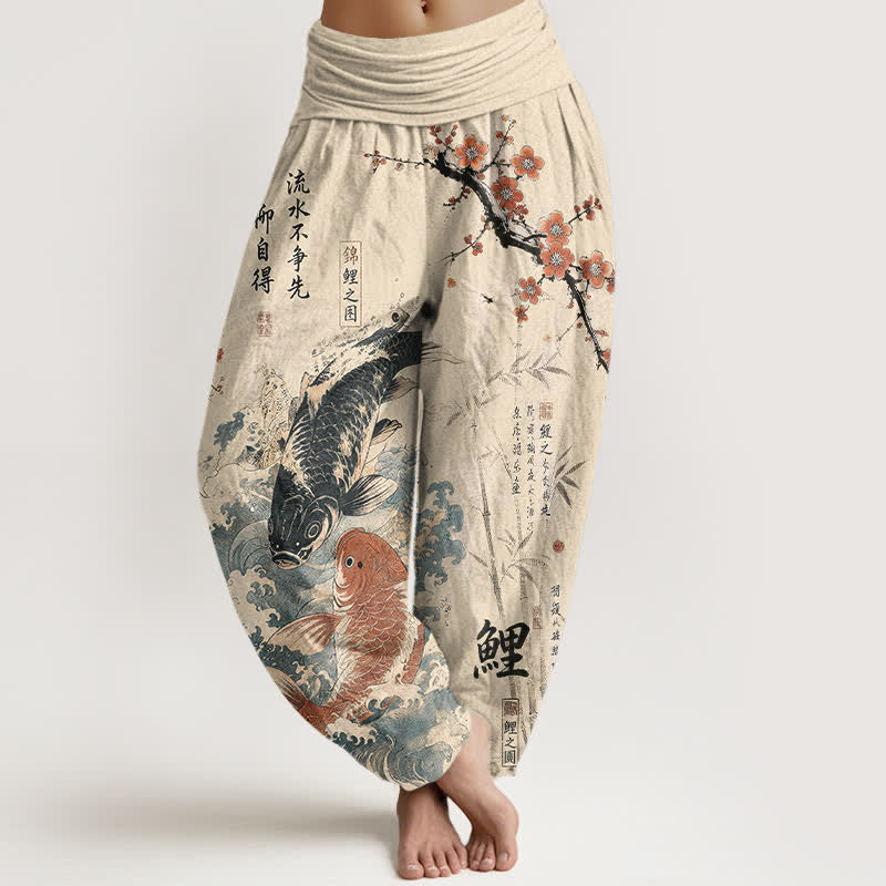 Buddha Stones Pantalon harem à taille élastique pour femme, en coton, avec motif calligraphique de carpes koï - Beige - US16，UK/AU20，EU48 (3XL) - image 0
