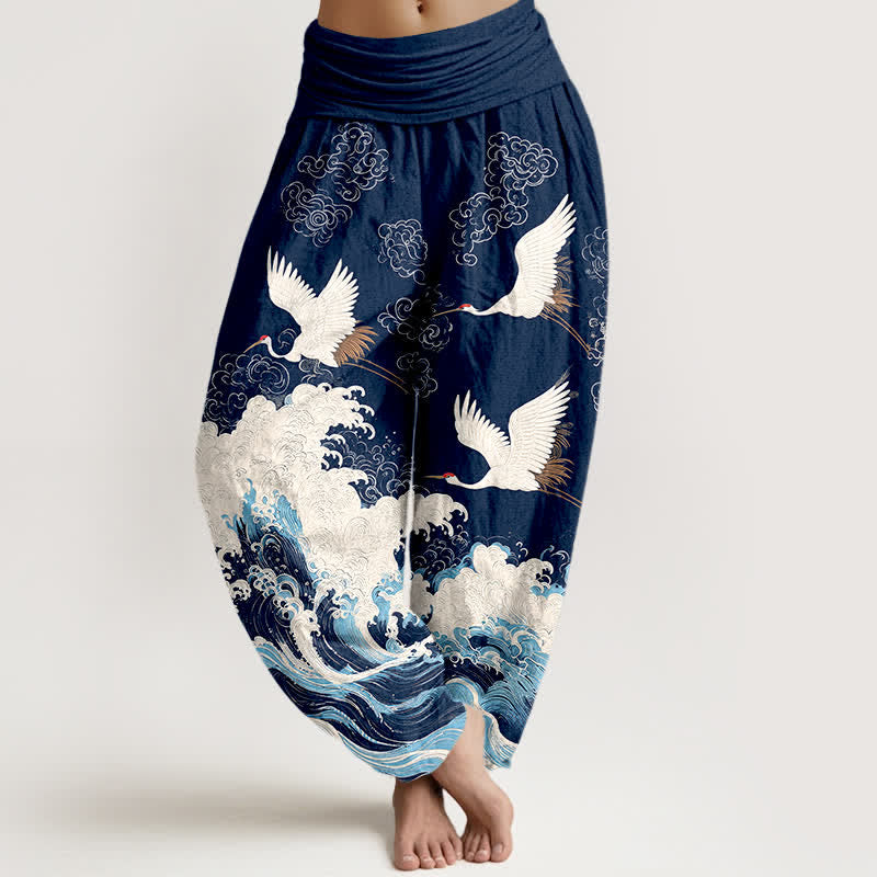 Buddha Stones Pantalon harem à taille élastique pour femme, motif grues, nuages ​​et vagues, en coton - Marine - US16，UK/AU20，EU48 (3XL) - image 0