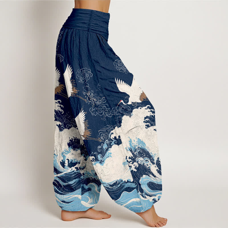 Buddha Stones Pantalon harem à taille élastique pour femme, motif grues, nuages ​​et vagues, en coton - image 1