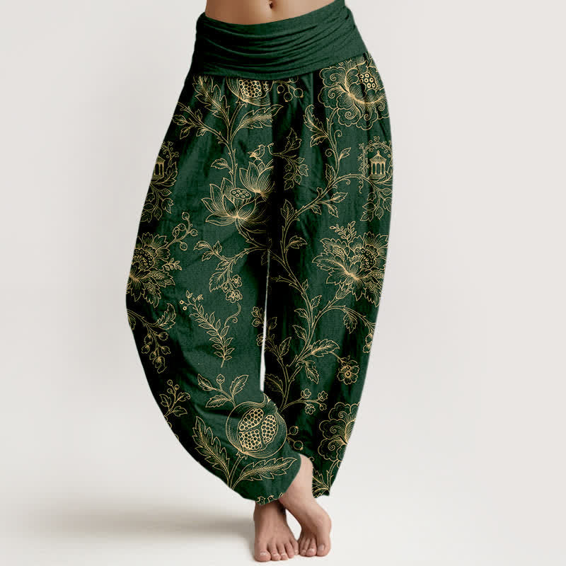 Buddha Stones Pantalon harem à taille élastique pour femme, en coton à motif floral doré. - Vert foncé - US16，UK/AU20，EU48 (3XL) - image 0