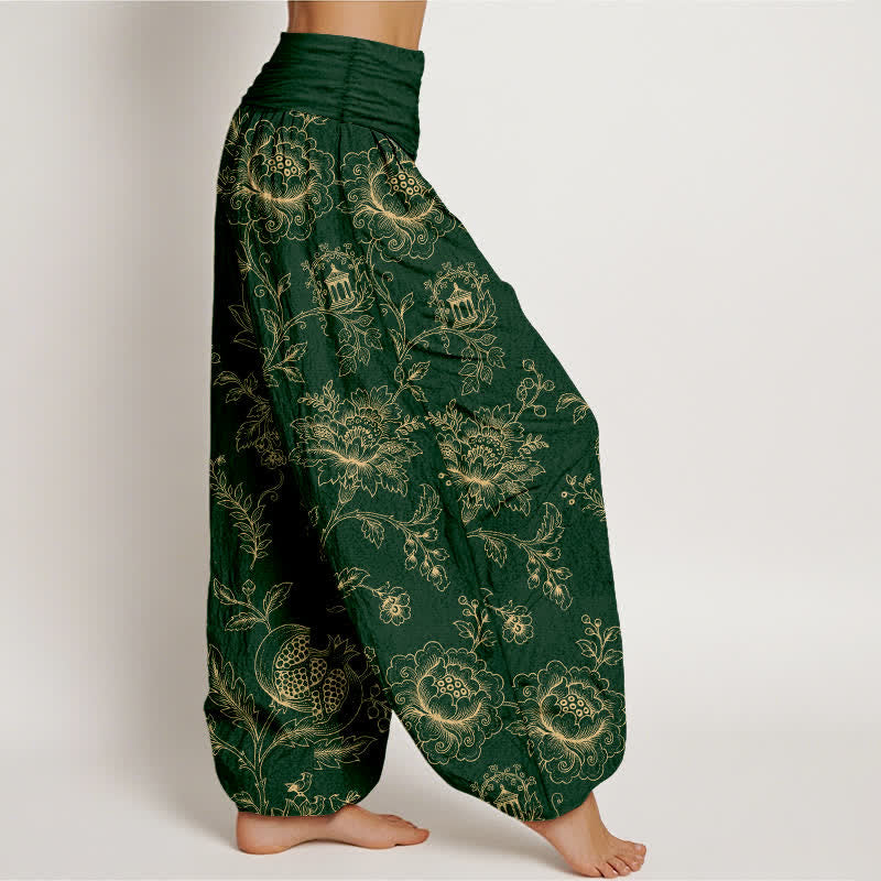 Buddha Stones Pantalon harem à taille élastique pour femme, en coton à motif floral doré. - image 1