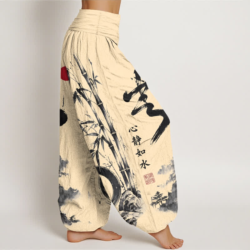 Buddha Stones Pantalon harem à taille élastique pour femme, motif paysage en encre de bambou et coton - image 1