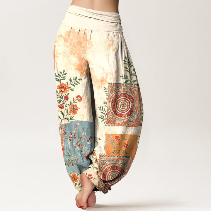 Buddha Stones Pantalon harem bohème en coton à motif floral patchwork et taille élastique pour femme - image 2