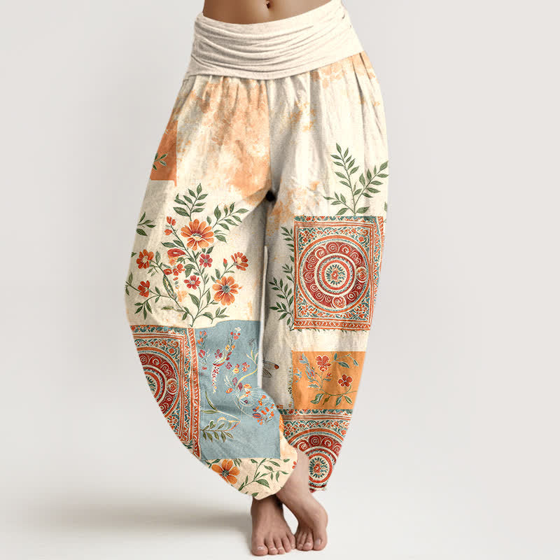 Buddha Stones Pantalon harem bohème en coton à motif floral patchwork et taille élastique pour femme - Ivoire - US16，UK/AU20，EU48 (3XL) - image 0