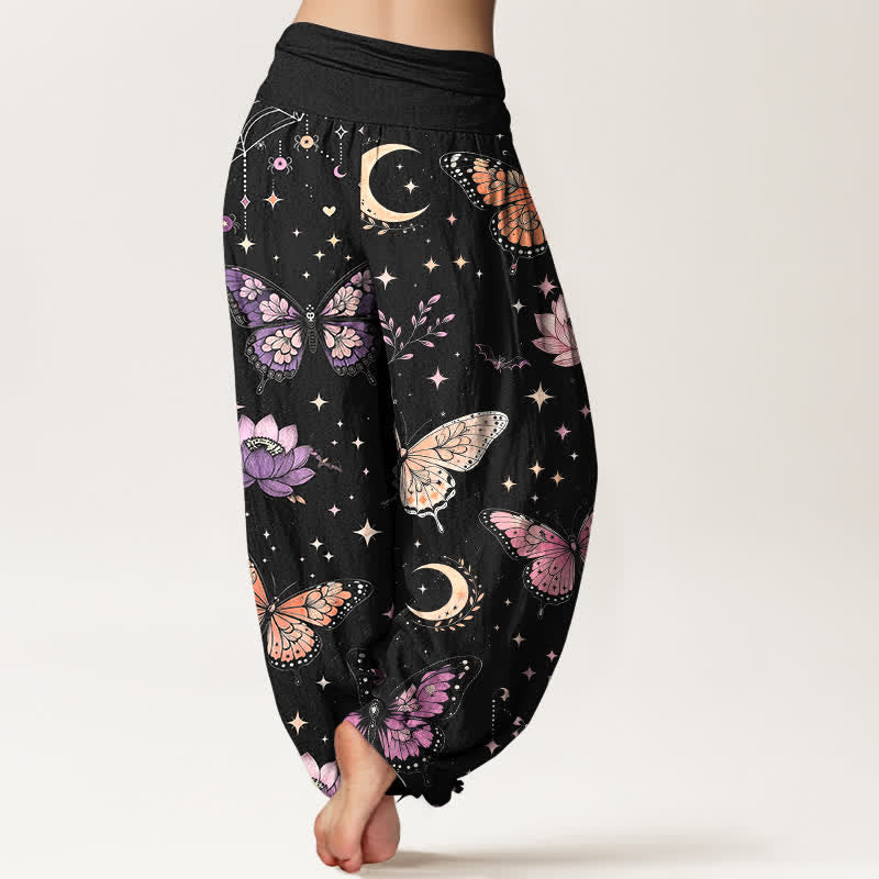 Buddha Stones Pantalon harem à taille élastique pour femme, en coton, motif papillon, lune et lotus - image 2