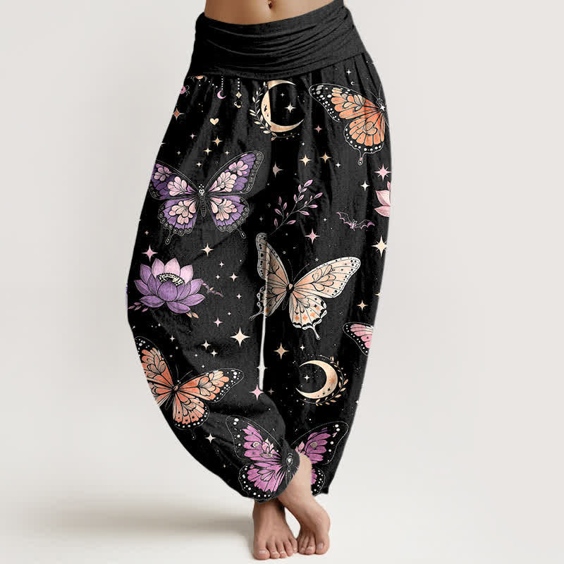 Buddha Stones Pantalon harem à taille élastique pour femme, en coton, motif papillon, lune et lotus - Noir - US16，UK/AU20，EU48 (3XL) - image 0
