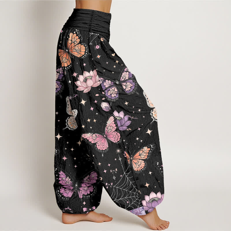 Buddha Stones Pantalon harem à taille élastique pour femme, en coton, motif papillon, lune et lotus - image 1