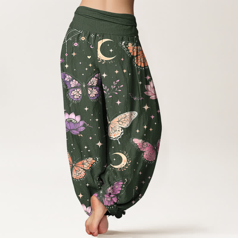 Buddha Stones Pantalon harem à taille élastique pour femme, en coton, motif papillon, lune et lotus - image 7