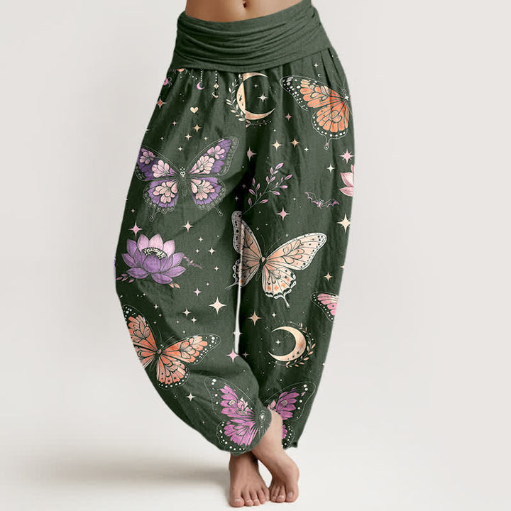 Buddha Stones Pantalon harem à taille élastique pour femme, en coton, motif papillon, lune et lotus - Vert forêt - US16，UK/AU20，EU48 (3XL) - image 5