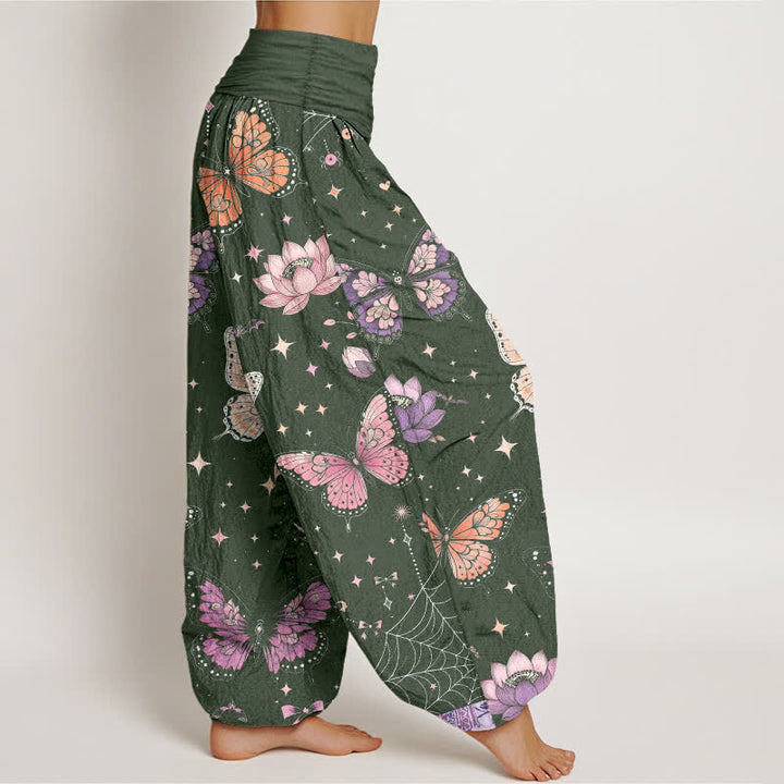 Buddha Stones Pantalon harem à taille élastique pour femme, en coton, motif papillon, lune et lotus - image 6