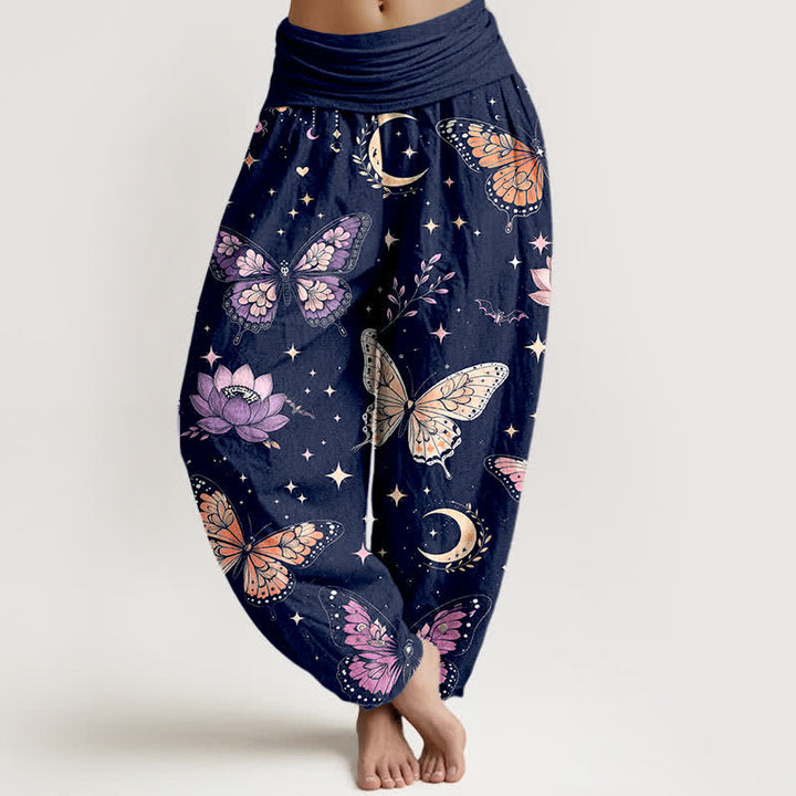 Buddha Stones Pantalon harem à taille élastique pour femme, en coton, motif papillon, lune et lotus - Marine - US16，UK/AU20，EU48 (3XL) - image 8