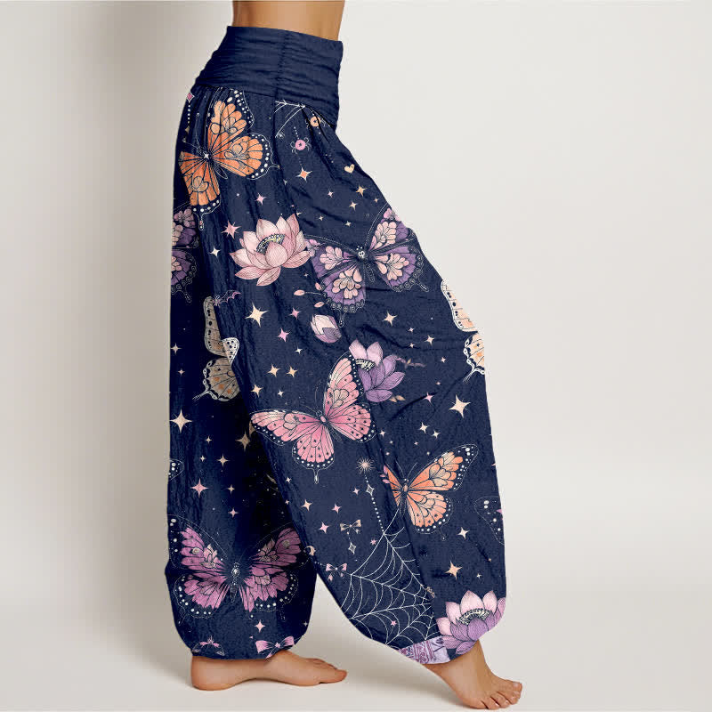 Buddha Stones Pantalon harem à taille élastique pour femme, en coton, motif papillon, lune et lotus - image 9