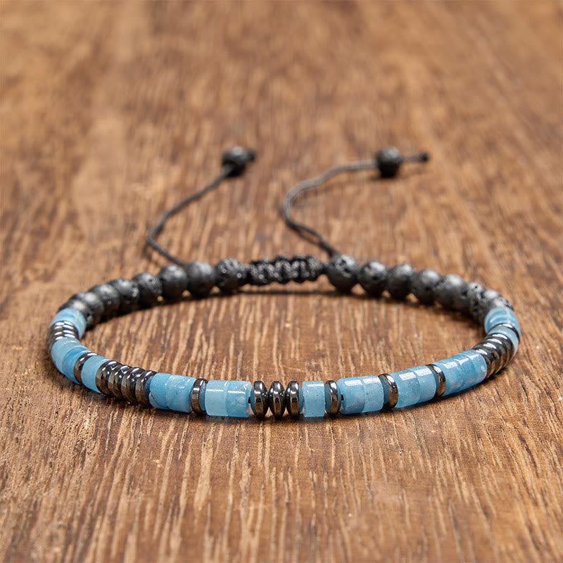 Buddha Stones Bracelet en aigue-marine et pierre de lave, couleur argent. - Aigue-marine (Tour de poignet : 6,3-7,1 po / 16-18 cm) - image 0