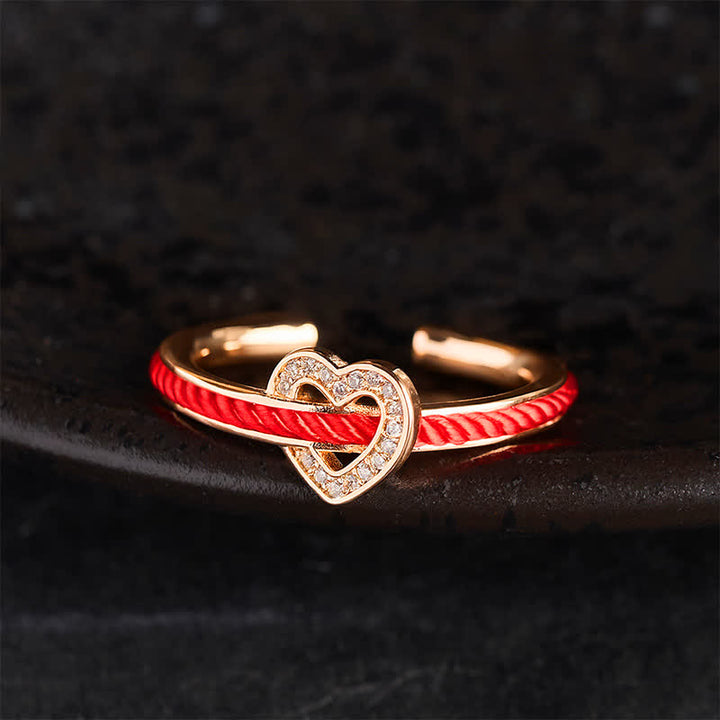 Buddha Stones Bague ouverte en forme de cœur avec un fil de cuivre rouge et porte-bonheur - Bague en or rose (US8) - image 9