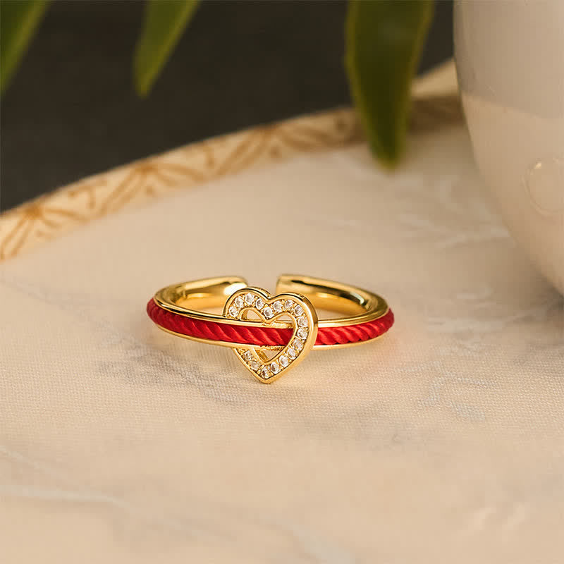 Buddha Stones Bague ouverte en forme de cœur avec un fil de cuivre rouge et porte-bonheur - image 5