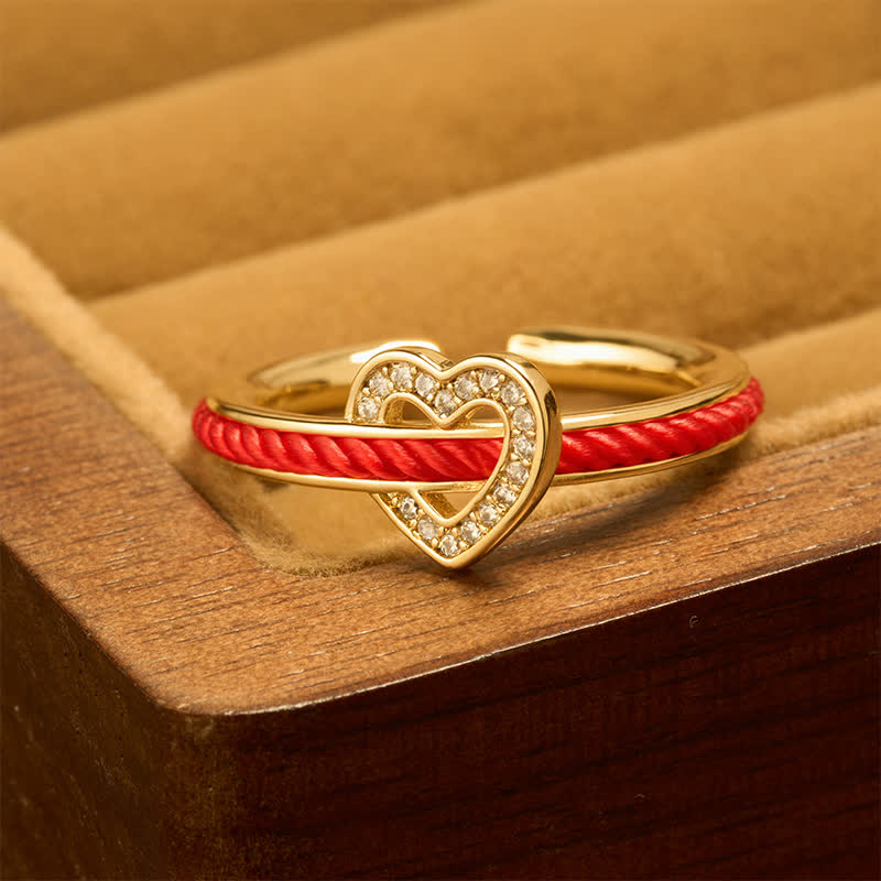Buddha Stones Bague ouverte en forme de cœur avec un fil de cuivre rouge et porte-bonheur - Bague en or (US8) - image 0