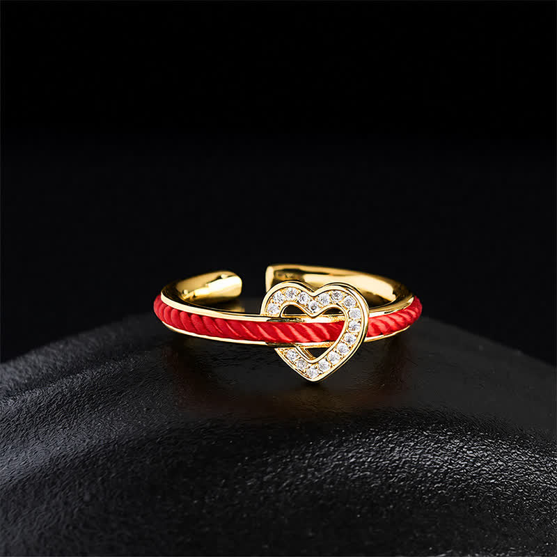 Buddha Stones Bague ouverte en forme de cœur avec un fil de cuivre rouge et porte-bonheur - image 2