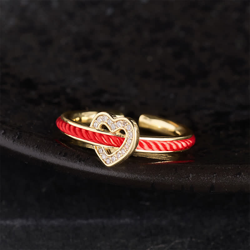 Buddha Stones Bague ouverte en forme de cœur avec un fil de cuivre rouge et porte-bonheur - image 3