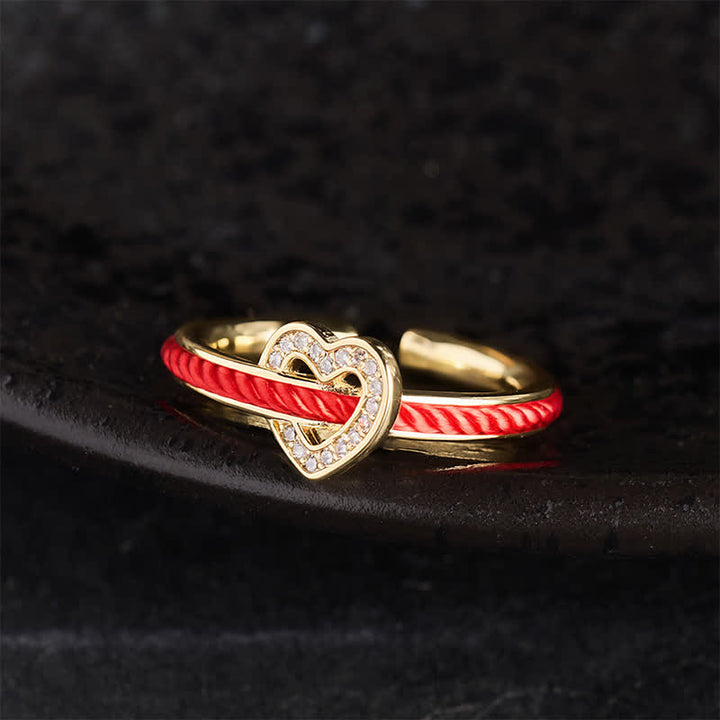 Buddha Stones Bague ouverte en forme de cœur avec un fil de cuivre rouge et porte-bonheur - image 3