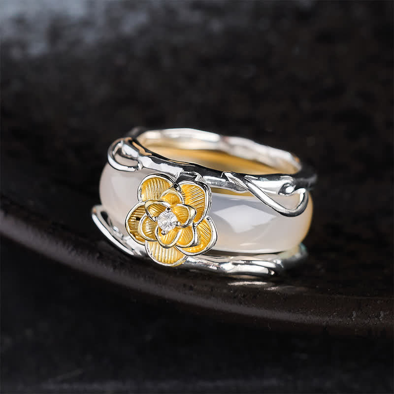 Buddha Stones Bague de positivité double usage en calcédoine jaune miel et osmanthus - image 1