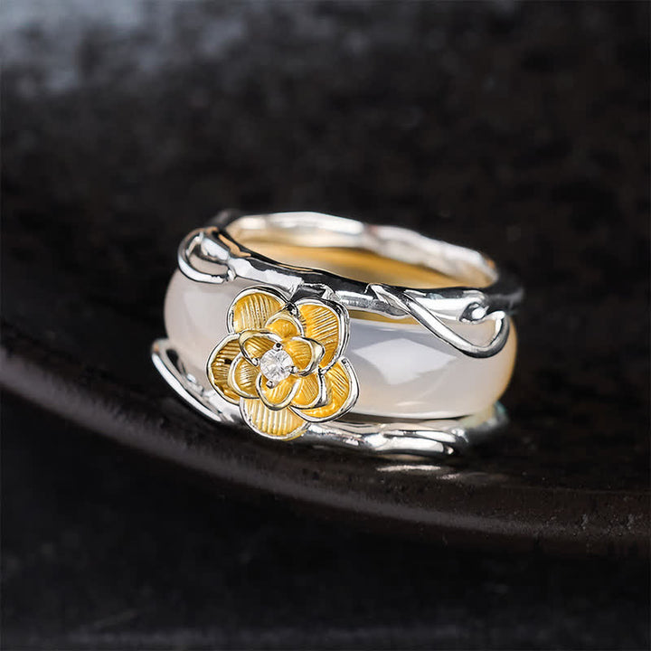 Buddha Stones Bague de positivité double usage en calcédoine jaune miel et osmanthus - image 1