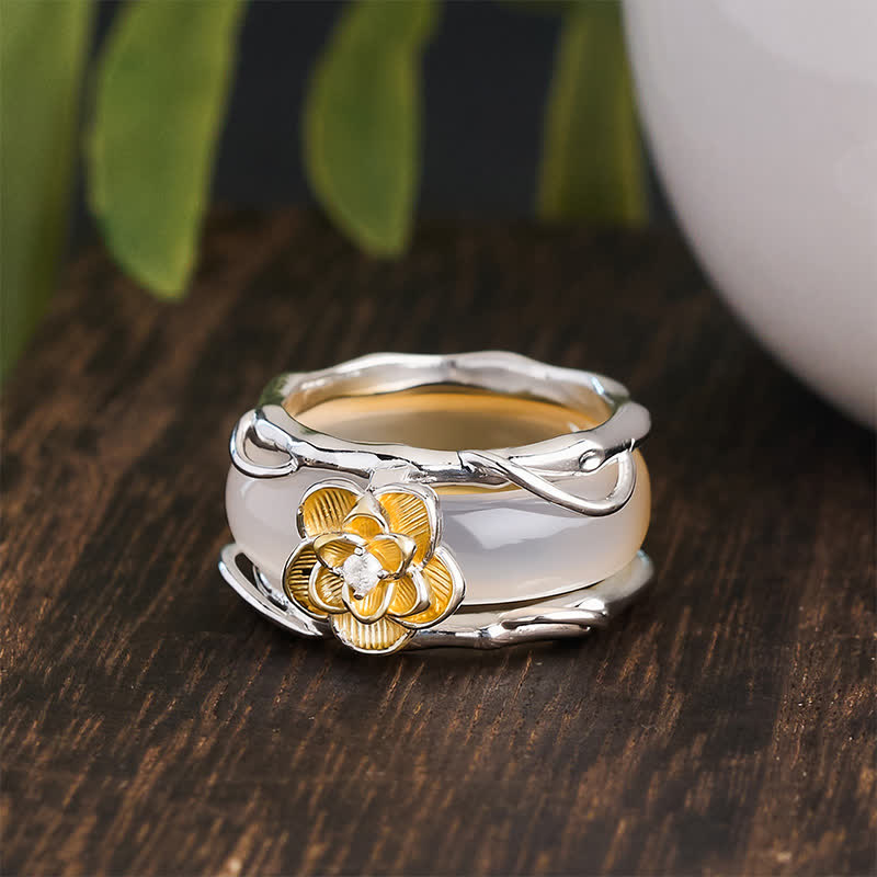 Buddha Stones Bague de positivité double usage en calcédoine jaune miel et osmanthus - image 5