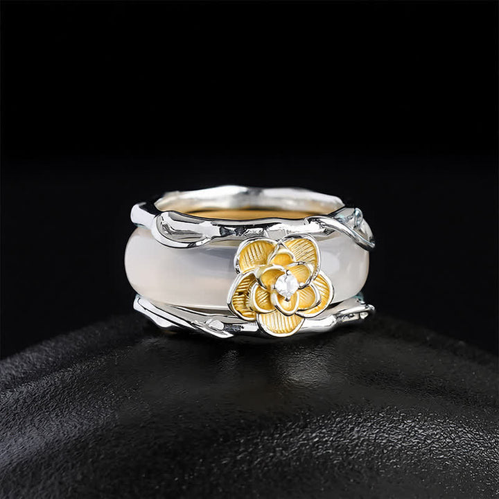 Buddha Stones Bague de positivité double usage en calcédoine jaune miel et osmanthus - Bague à double usage (taille US8 ajustable) - image 0