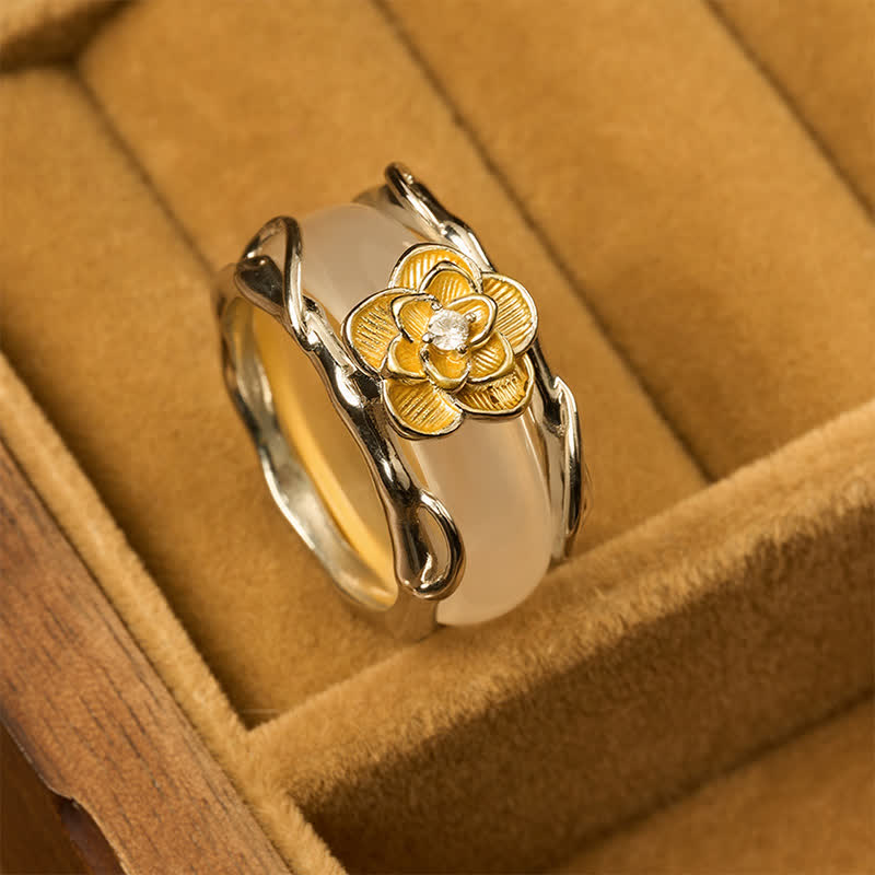 Buddha Stones Bague de positivité double usage en calcédoine jaune miel et osmanthus - image 3