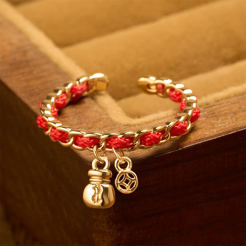 Buddha Stones Cordon rouge en cuivre, pièce chinoise porte-bonheur, pochette porte-bonheur, anneau ouvert - Bague en pièce de monnaie chinoise (US8) - image 0