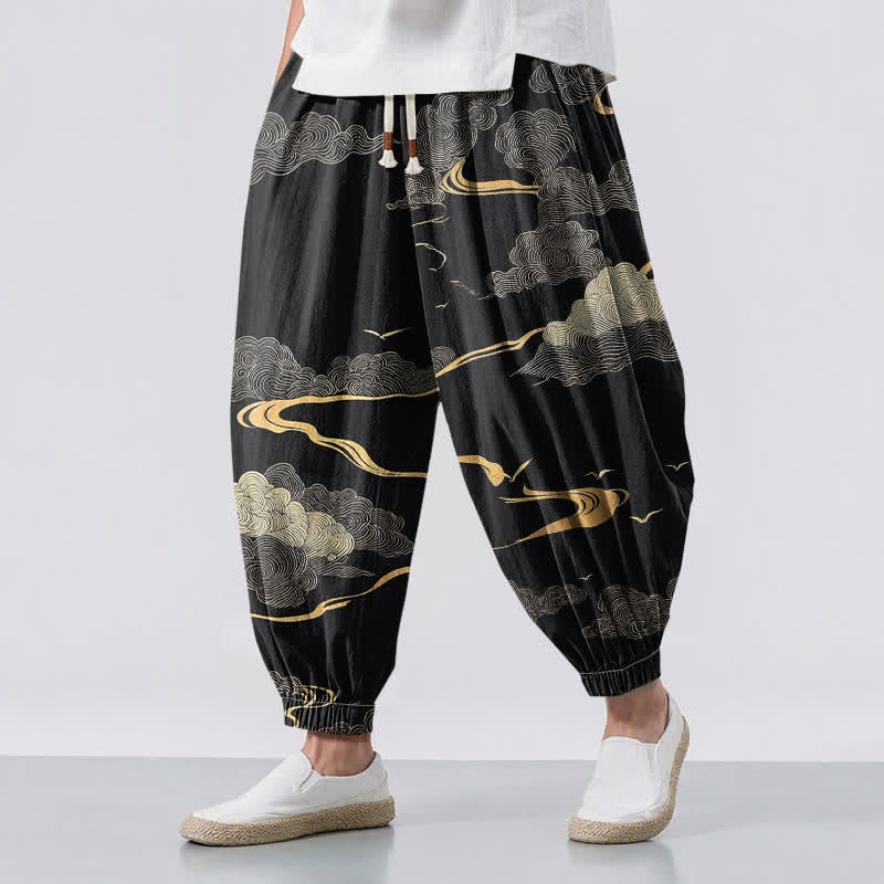 Buddha Stones Pantalon harem pour homme en pur coton, motif nuage doré, cordon de serrage et poches - Noir - US/UK/AU50，EU60 (5XL) - image 0