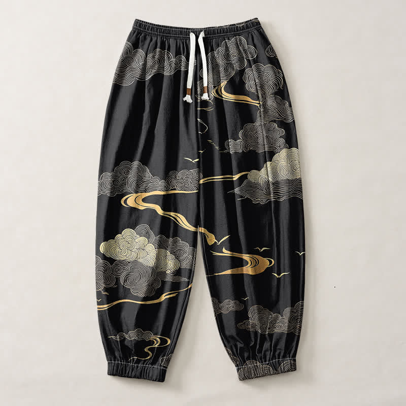 Buddha Stones Pantalon harem pour homme en pur coton, motif nuage doré, cordon de serrage et poches - image 1