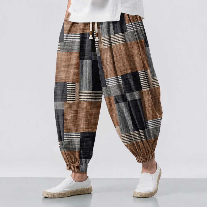 Buddha Stones Pantalon harem pour homme en pur coton patchwork à carreaux et rayures, avec cordon de serrage et poches. - Pérou - US/UK/AU50，EU60 (5XL) - image 0