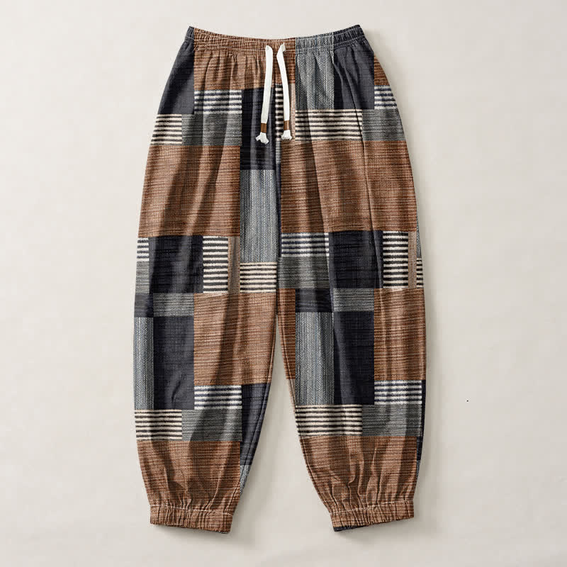 Buddha Stones Pantalon harem pour homme en pur coton patchwork à carreaux et rayures, avec cordon de serrage et poches. - image 1