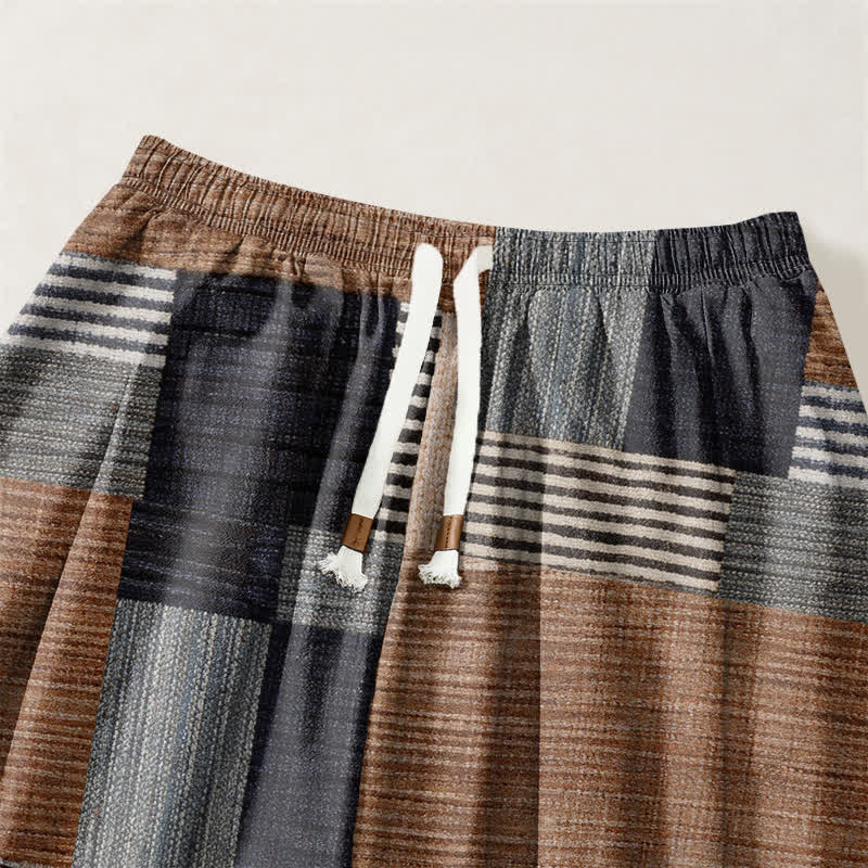 Buddha Stones Pantalon harem pour homme en pur coton patchwork à carreaux et rayures, avec cordon de serrage et poches. - image 3