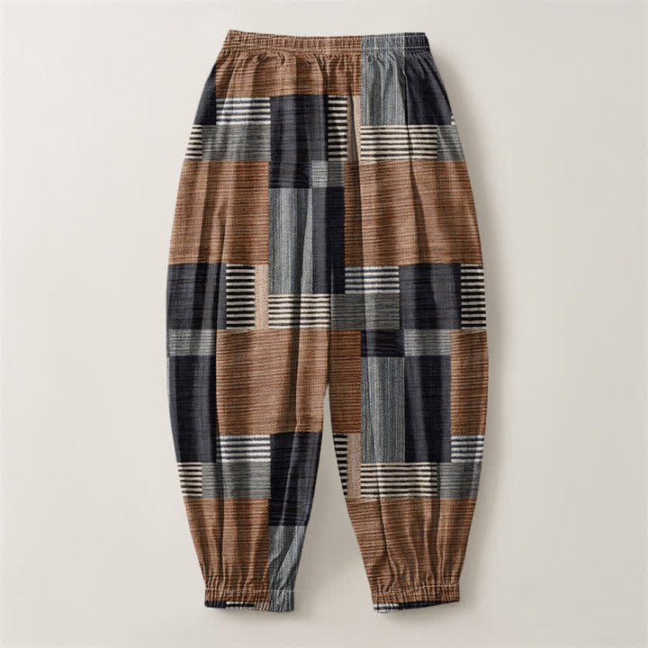 Buddha Stones Pantalon harem pour homme en pur coton patchwork à carreaux et rayures, avec cordon de serrage et poches. - image 2
